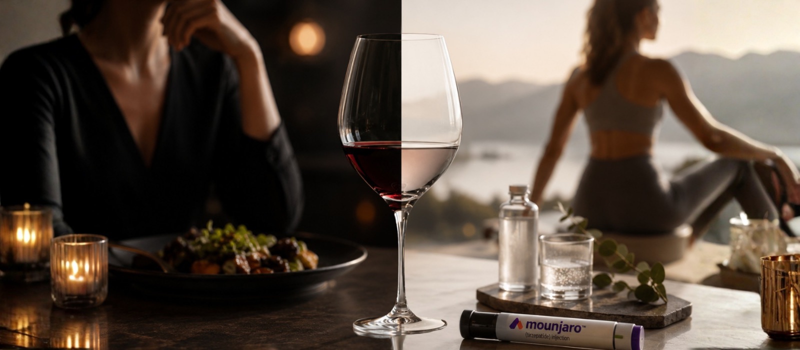 Mesa elegante com taça de vinho servida pela metade, água e elementos de bem-estar